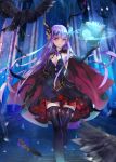  1girl astarone bird book breasts cape cleavage crow elbow_gloves gloves highres jewelry long_hair magic_circle original purple_hair red_eyes solo thigh-highs very_long_hair wand 