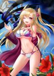  1girl bikini blonde_hair breasts cape cleavage fang flower hair_flower hair_ornament hibiscus highres long_hair looking_at_viewer mizya navel one_eye_closed open_mouth original red_eyes smile swimsuit twintails 