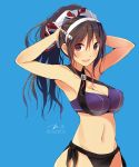  1girl 2015 :d adapted_costume adjusting_hair ashigara_(kantai_collection) bikini breasts brown_eyes brown_hair cleavage criss-cross_halter dated halter_top halterneck highres kantai_collection open_mouth ponytail signature smile swimsuit tbd11 