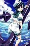  1girl anchor black_hair douji green_eyes hat looking_back murasa_minamitsu ocean sailor_collar sailor_hat solo touhou 