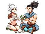 1girl black_hair bottle brown_eyes cup highres league_of_legends long_hair navel open_mouth ponytail riven_(league_of_legends) sake_bottle scar seiza short_hair sieyarelow sitting smile white_hair wrappings yasuo_(league_of_legends) 