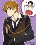  1boy 1girl arms brown_eyes brown_hair character_request cosplay eyepatch formal gloves inset japanese_clothes kitashirakawa_tamako miko momose_(oqo) necktie ooji_mochizou rope short_hair sling suit tamako_market 