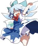  1girl akaneya bloomers blue_dress blue_hair bow cirno closed_eyes dress frog frozen hair_bow ice ice_wings open_mouth puffy_short_sleeves puffy_sleeves raised_fist shirt short_sleeves solo touhou underwear upskirt wings 