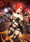  1girl bare_shoulders belt black_gloves black_legwear blush ccaw elbow_gloves flat_chest gloves hair_over_one_eye highres horns long_hair looking_at_viewer navel open_mouth original red_eyes redhead smile solo strapless thigh-highs tubetop 