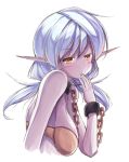  1girl bare_shoulders blue_hair blush bra breasts brown_eyes chain covering_mouth cuffs dark_elf elf elf_slave_(maullarmaullar) hand_over_own_mouth large_breasts laughing linked_collar long_hair low_twintails maullarmaullar original pointy_ears purple_skin shackles slave smile solo strapless_bra twintails underwear upper_body 