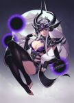  1girl armor black_gloves black_legwear black_nails breasts cleavage fingerless_gloves gloves league_of_legends liuruoyu8888 long_hair looking_at_viewer nail_polish smile solo syndra thigh-highs violet_eyes white_hair 