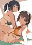  2girls arm_support bespectacled bikini blue_hair brown_eyes brown_hair glasses goggles goggles_on_head green_bikini hair_ribbon hiryuu_(kantai_collection) kantai_collection looking_at_viewer multiple_girls ningen_(ningen96) orange_bikini ribbon shade short_hair sitting souryuu_(kantai_collection) swimsuit tan tanline twintails 