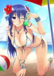  1girl armlet ball beach beach_umbrella beachball bikini blue_eyes blue_hair blush bottle bracelet breasts cleavage flower front-tie_top hair_flower hair_ornament highres jewelry large_breasts looking_at_viewer mari-itachidosi necklace one_eye_closed original side-tie_bikini smile solo swimsuit white_bikini white_swimsuit 