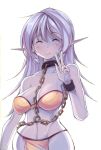  1girl between_breasts blue_hair blush bra breasts chain collar cuffs dark_elf elf elf_slave_(maullarmaullar) large_breasts linked_collar loincloth long_hair maullarmaullar midriff original pointy_ears purple_skin shackles slave smile solo strapless_bra underwear upper_body 