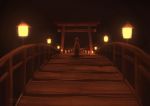  1girl bridge brown_hair child dark from_behind hakama japanese_clothes lamp original pochi_(poti1990) short_hair signature solo torii 