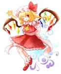  1girl ascot blonde_hair flandre_scarlet mayo_(mayomr29) one_eye_closed red_eyes sash side_ponytail solo star touhou white_background wings wrist_cuffs 