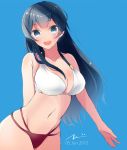  1girl :d agano_(kantai_collection) bikini black_hair blue_background blue_eyes breasts cleavage collarbone cowboy_shot dated groin highres kantai_collection long_hair looking_at_viewer navel open_mouth simple_background smile solo swimsuit tbd11 