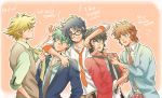  5boys :p belt blonde_hair blue_eyes brown_hair date_seiji english engrish frown glasses green_eyes green_hair hashiba_touma highres hiro_(minorstar) jacket looking_at_viewer male_focus mouri_shin multiple_boys necktie open_mouth payot profile ranguage sanada_ryou shue_rei_fuan teeth tongue tongue_out vest yoroiden_samurai_troopers 