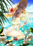  1girl :o ass blonde_hair blue_eyes bucket flower hair_flower hair_ornament hane_segawa hat hat_flower looking_at_viewer looking_back one-piece_swimsuit original seashell shell sitting solo sun_hat swimsuit water white_swimsuit 