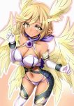  1girl blonde_hair blush bracelet breasts choker cleavage dark_skin elbow_gloves gloves highres jewelry large_breasts lilith_(shinrabanshou) looking_at_viewer mito_yoshihiro navel panties pointy_ears shinrabanshou short_hair simple_background solo underwear white_background wings yellow_eyes 