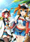  2girls bird blue_eyes detached_collar epaulettes fingerless_gloves gloves hat hat_ribbon highres kousaka_honoka love_live!_school_idol_project midriff military military_uniform multiple_girls naval_uniform nishikino_maki one_side_up orange_hair palm_tree redhead ribbon seagull shiina_kuro smile striped striped_gloves tattoo thigh-highs tree uniform violet_eyes water_gun 