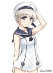  1girl alternate_color blue_eyes clothes_writing don_(29219) hat kantai_collection sailor_hat short_hair silver_hair simple_background solo z1_leberecht_maass_(kantai_collection) 