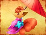  bangs hair_ornament hairclip holding japanese_clothes kimono multiple_tails no_humans orange_eyes pokemon pokemon_(creature) ryuma210 tail umbrella vulpix 