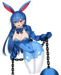  1girl :d animal_ears azumarill blue_hair breasts chain cleavage covered_navel detached_collar earrings fake_animal_ears jewelry katagiri_hachigou looking_at_viewer open_mouth pantyhose personification pokemon simple_background smile solo white_background wrist_cuffs 