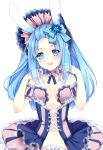 1girl animal_ears artist_request blue_eyes blue_hair breasts cleavage corset long_hair open_mouth original rabbit_ears simple_background smile solo 