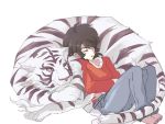  1boy barefoot black_hair byakuen denim feet jeans male_focus open_mouth pants sanada_ryou sleeping tiger tire white_tiger yoroiden_samurai_troopers yumi_maru 