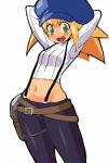  1girl alternate_costume arms_up blonde_hair cabbie_hat call_(red_ash) casual cowboy_shot green_eyes groin hat holster katosei midriff navel pants red_ash rockman rockman_dash roll_caskett small_breasts smile solo suspenders sweater thigh_holster vertical_stripes 