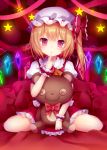  1girl amashiro_natsuki blonde_hair button_eyes finger_to_mouth flandre_scarlet frilled_skirt frills head_tilt highres looking_at_viewer mob_cap on_bed pillow puffy_short_sleeves puffy_sleeves red_eyes short_hair short_sleeves side_ponytail sitting skirt skirt_set solo star stuffed_animal stuffed_toy teddy_bear touhou wariza wings wrist_cuffs 
