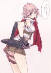  armlet blue_eyes breasts final_fantasy final_fantasy_xiii hrd lightning_farron looking_back mismatched_gloves pink_hair short_hair sideboob simple_background translation_request weapon white_background 