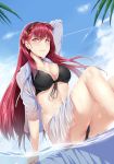  1girl arm_up bikini bikini_top black_bikini breasts flower hair_flower hair_ornament hews_hack long_hair looking_at_viewer navel red_eyes redhead smile solo swimsuit water wet 