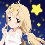  bare_shoulders blonde_hair blush brown_eyes dress futaba_anzu idolmaster idolmaster_cinderella_girls long_hair low_twin mizuki_makoto tails tiara twin 