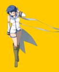  1girl blue_hair blue_panties boots breasts closed_eyes detached_sleeves genderswap grimay kaiko kaito panties scarf short_hair solo underwear vocaloid yellow_background 