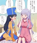  2girls blue_eyes bodysuit dragon_quest dragon_quest_iii ganaha_hibiki gloves hiboshi_daizu highres idolmaster lingerie long_hair mitre multiple_girls negligee open_mouth priest_(dq3) shijou_takane skin_tight tabard translation_request underwear 