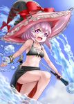  1girl bikini bikini_top black_bikini bracelet clouds fang hair_ornament hat jewelry looking_at_viewer navel open_mouth original oversized_clothes purple_hair qbthgry sarong sky solo staff swimsuit sword violet_eyes wading water weapon witch_hat 
