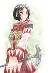  1girl black_eyes black_hair cowboy_shot final_fantasy final_fantasy_xi hume light_smile looking_to_the_side mace morere short_hair signature simple_background solo weapon white_background white_mage 