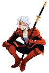  1boy armor biting dilandau_albatou gauntlets greaves jewelry looking_at_viewer necklace pauldrons red_eyes revolver_(overdoser) short_hair simple_background sitting solo sword tenkuu_no_escaflowne thumb_biting weapon white_background 