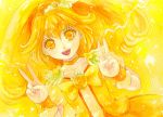  1girl blonde_hair blush choker cure_peace double_v dress eyelashes hair_ornament happy kise_yayoi long_hair looking_at_viewer magical_girl open_mouth ponytail precure ribbon shiroma_(mamiko) skirt smile smile_precure! solo v wrist_cuffs yellow_background yellow_dress yellow_eyes yellow_skirt 