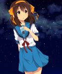  1girl brown_eyes brown_hair hairband highres ryucchi school_uniform serafuku short_hair sky star_(sky) starry_sky suzumiya_haruhi suzumiya_haruhi_no_yuuutsu 