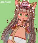  1girl animal_ears bangs bastet_(p&amp;d) blunt_bangs blush braid cat_ears flying_sweatdrops green_background headdress long_hair marshmallow_mille midriff nail_polish puzzle_&amp;_dragons red_nails solo tail tattoo twin_braids twitter_username vambraces wavy_mouth 