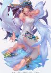  1girl anklet bare_shoulders barefoot blue_eyes blue_hair detached_sleeves dress isis_(p&amp;d) jewelry kneeling long_hair looking_back puzzle_&amp;_dragons raion_(soraelf) solo strapless_dress very_long_hair watermark web_address white_dress 