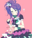  !! 1girl 7melon :o bangs bat_wings bow bracelet chain clenched_hand diamond dress fingerless_gloves frilled_dress frills gloves hair_ornament heart inverted_colors jewelry navel open_mouth pink_background ponytail pripara puffy_short_sleeves puffy_sleeves purple_hair short_sleeves side_ponytail simple_background solo studded_bracelet studded_collar stuffed_animal stuffed_bunny stuffed_toy surprised sweat toudou_shion wings yellow_eyes 