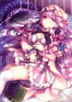  1girl absurdres bed blue_eyes blush book breasts cleavage crescent garter_straps hat highres large_breasts long_hair looking_at_viewer lying masaru.jp on_back patchouli_knowledge pillow purple_hair solo thigh-highs touhou violet_eyes white_legwear 