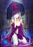  1girl amo_(rnrkrn) babydoll between_breasts blue_rose breasts candle flower gold hat highres kneeling lace large_breasts long_hair looking_at_viewer magic_circle nail_polish naughty_face open_mouth original panties petals purple_hair rose solo underwear veil very_long_hair wizard_hat 