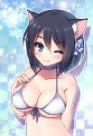  1girl ;) animal_ears bikini black_hair blue_eyes blush bow breasts cat_ears choker cleavage front-tie_top hair_bow large_breasts looking_at_viewer mauve one_eye_closed original short_hair smile solo swimsuit 