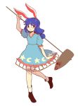  1girl animal_ears blood blue_dress blue_hair dress highres kia_(tumblr) knees_together_feet_apart mallet moon ponytail rabbit_ears red_eyes seiran_(touhou) smile solo star touhou transparent_background 