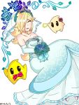  1girl ^_^ bare_shoulders blonde_hair blush_stickers bouquet bowtie breasts bridal_gauntlets bridal_veil chiko_(mario) closed_eyes crown dress earrings elbow_gloves flower gloves hair_flower hair_ornament hair_over_one_eye jewelry long_dress long_hair super_mario_bros. open_mouth ribbon rosetta_(mario) smile star star-shaped_pupils star_print super_mario_bros. super_mario_galaxy symbol-shaped_pupils veil wedding wedding_dress 