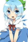  1girl blue_eyes blue_hair blush bow cirno hair_bow highres ice ice_wings looking_at_viewer ochazuke open_mouth short_hair signature simple_background solo touhou v_arms white_background wings 