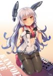  1girl adapted_costume bangs blunt_bangs gloves hair_ribbon headgear horosuke_(toot08) kantai_collection long_hair murakumo_(kantai_collection) pantyhose racequeen red_eyes remodel_(kantai_collection) ribbon sailor_dress silver_hair smile solo 