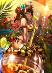  1girl breasts brown_hair cactus cleavage drink drinking_straw flower foocon fruit green_eyes hair_ornament hairband highres ice long_hair object_on_head original side_ponytail sitting solo straw string_bikini striped striped_legwear thigh-highs wariza wings 