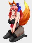  1girl animal_ears asortofcolorfag bare_shoulders black_bra black_legwear black_panties blush bow bra breasts caster_(fate/extra) cleavage fate/extra fate_(series) fox_ears fox_tail grey_background hair_bow hair_ribbon large_breasts looking_at_viewer panties pink_hair ribbon simple_background sitting solo tail thigh-highs twintails underwear underwear_only wariza yellow_eyes 