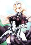 1girl armor armored_dress blonde_hair braid breasts dress fate/apocrypha fate_(series) gauntlets headpiece long_hair maxwell_manzoku ruler_(fate/apocrypha) sheath sheathed single_braid solo sword thigh-highs violet_eyes weapon 